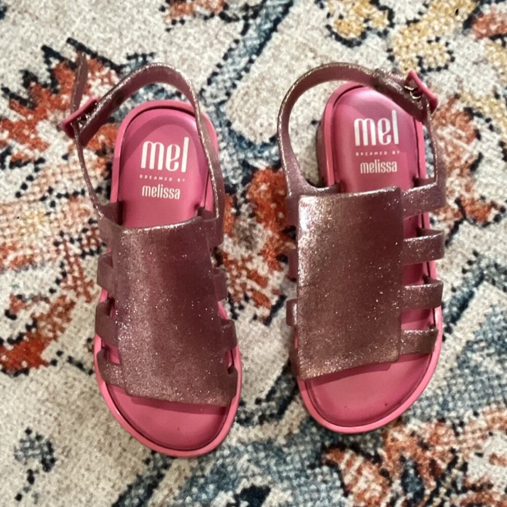 Mel by Melissa Pink Glitter Strappy Girls Sandals Buckle Open Toe Flat EU 26/27